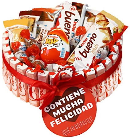 Onza. Cesta de Chocolates Tarta de chocolatinas que contiene Kinder Bueno, Chocobons, Kinder Joy, Happy Hippo. Regalo original para Cumpleaños.