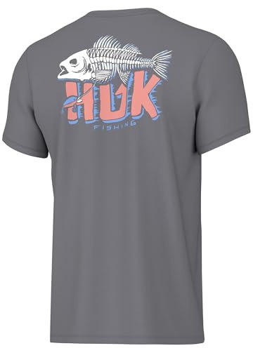 HUK Youth Short Sleeve Performance Tee, Kids Fishing T-Shirt, Bass Bones - Night Owl, Medium