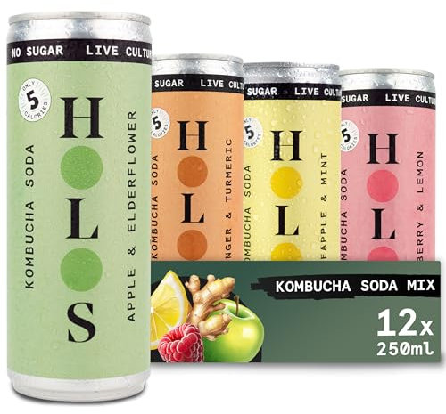 HOLOS Mixed Case Sparkling Kombucha Soda - 3x Each Raspberry & Lemon, Apple & Elderflower, Ginger & Turmeric, Pineapple & Mint - Sugar Free Gluten Free Live Culture Drink - 12 x 250ml Kombucha Cans