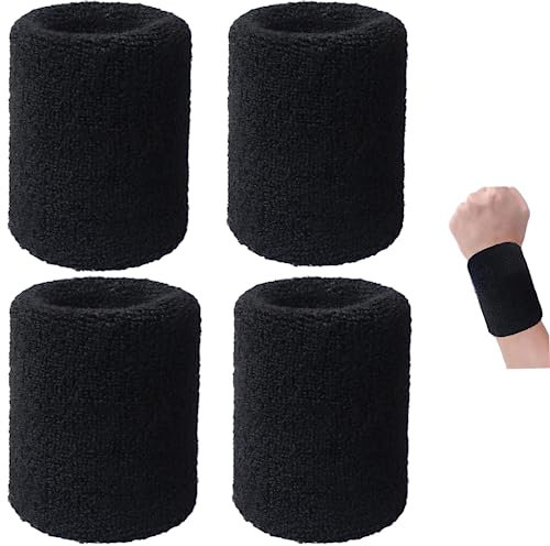 YOFASEN 4 teiliges Schweißband für Damen, Herren - Handgelenk Schweißbänder für Tennis, Squash, Badminton, Fitnessstudio, Basketball (Schwarz)