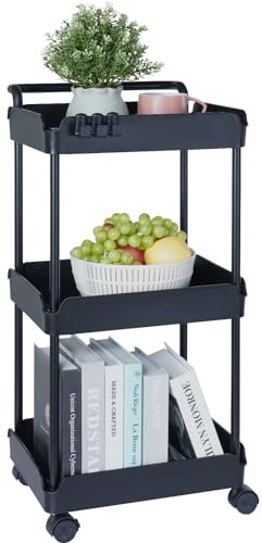 VEVOR Rollwagen, Küchenwagen mit 3 Ebenen, Küchenregal, Nischenregal mit Rollen, Badregal 370x355x761mm Aufbewahrungswagen 45kg Tragfähigkeit Mehrzweckrollwagen Schwarz Abräumwagen Servierwagen