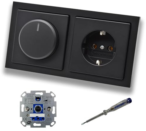 REV Ritter LED Drehdimmer Dimmer + Busch Jäger Dimmerscheibe 6540-885-102 und Steckdose 20EUC-885 in Future Linear schwarz matt inklusive EBROM Phasenprüfer zur Montage der Geräte ET1 66012B