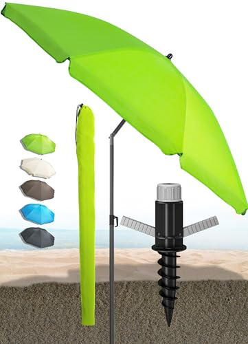 Menz SET Sonnenschirm Strand - Strandschirm mit Bodenhülse & Schutzhülle, Strandschirm UV-Schutz 50+, Strandschirm windfest stabil Ø 180 cm, Fb. Grün