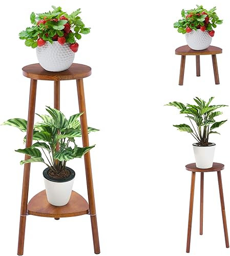 Yedcxup Plant Stands Indoor Outdoor - 2 Tier Convertible Wooden Plant Stand Multi-purpose Plant Shelf Sturdy Flower Stand for Living Room Balcony Garden Patio Office, Walnut