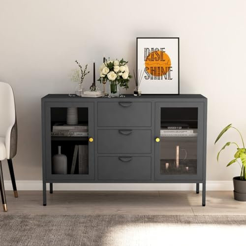 LAPOOH Sideboard, Kommode Schlafzimmer, Kommoden & Sideboards, Wohnzimmerschrank, Flur Kommode, Zimmer Möbel, Anthrazit 105x35x70 cm Stahl und Hartglas