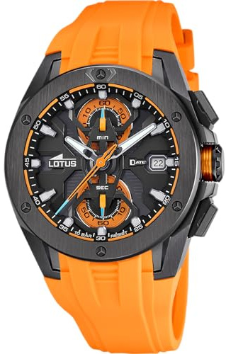 LOTUS Montre Homme Analogique en Acier Inoxydable et Caoutchouc Orange | Mouvement à Quartz, Chronographe, Calendrier, Verre Minéral Haute Résistance, Étanche 10 ATM 18943/3 Vortex