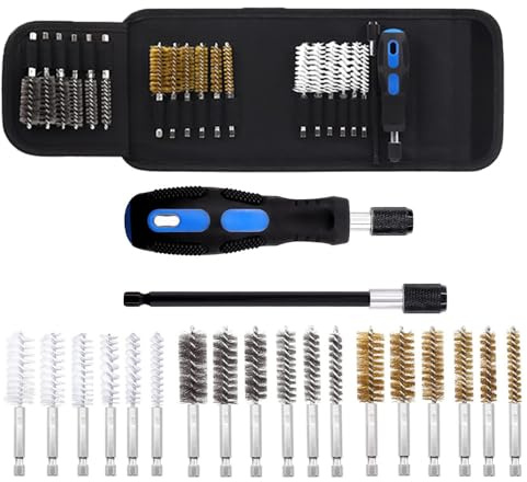 Wire Wheel Brush Cleaning & Rust Remover Set, 18 Piece Drill Attachment Set - Stainless Steel, Brass, Nylon Brushes with Handle & Extension Bar - 1/4 Hex Twist Drill Bore Cleaning Brushes