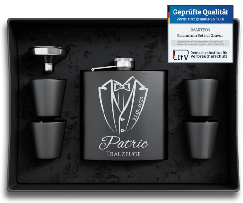 SMARTEON Flachmannset XXL, Box, Trichter & Becher -personalisiert mit Namen - Geschenkidee Hochzeit - personalisierte Geschenke für Männer - Flachmann Edelstahl, Geschenk Trauzeuge Set 3