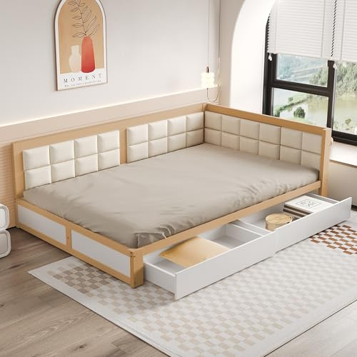 Ctastay Schlafsofa Holzbett 140x200 cm, Bett Doppelbett Sofabett mit Stauraum Schublade, Familienbett Gastbett mit Lattenrost, Natur (Ohne Matratze)