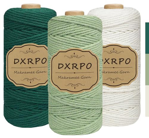 DXRPO Premium Makramee Garn Set, 3 Stück 3mm x 100m Macrame Cord,Baumwollgarn Macrame Garn für DIY Handwerk, Hängepflanzen,Weihnachten,Boho Deko(Natur, Hellgrün, Dunkelgrün)