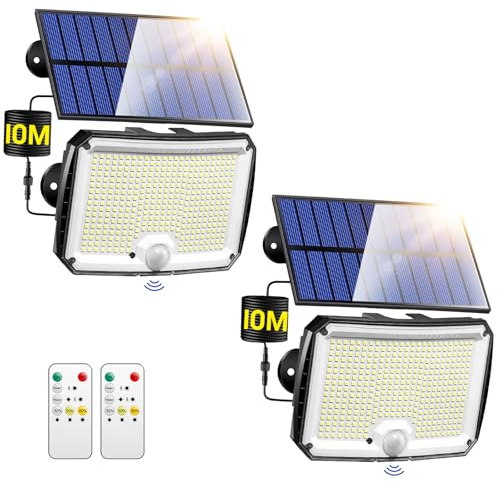PIKOY Luces Solares Led Exterior Jardin, 【2 Paquete 318LED/10M/5Modos】 Luz Exterior con Sensor de Movimiento, 2200mAh 8-12 Horas de Uso IP65 Luces Solares Jardin, Lampara Solar Interior Luz Exterior