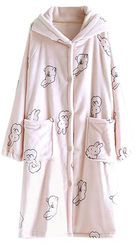 Bademantel Damen Womens Cute Bunny Pattern Plush Robe Hooded Soft Bathrobe for Women Button Down Winter Warm Loungewear Bademantel Erwachsene Bademantel Poncho Leicht (Pink, M)