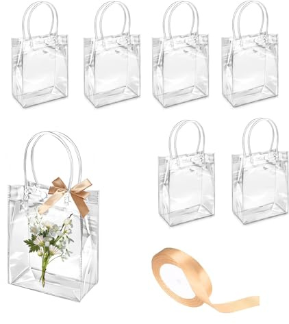 6 Pezzi borsa trasparente Sacchetti Regalo Trasparenti con Maniglie,25CM x 20CM x 7CM Borse Riutilizzabili sacchetti trasparenti per confezioni scatole trasparenti in PVC per Shopping Chicche Bottega