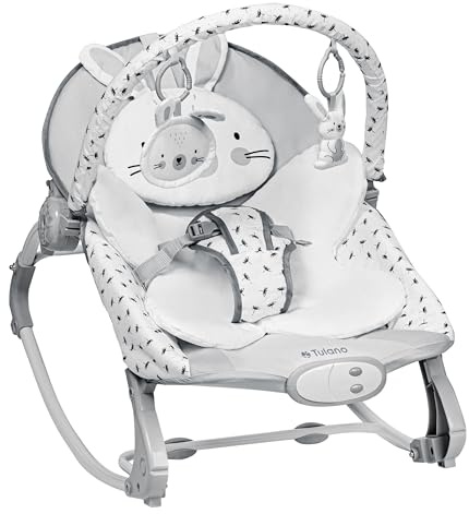 Tulano Cloe 35 Babywippe – Babyschaukel mit Musik und Vibration – 3 Neigungswinkel – Spielbogen mit Spielzeug – Abnehmbare Tierkissenstütze – Babywippe Neugeborene – Schaukel und Liegefunktion – Grau