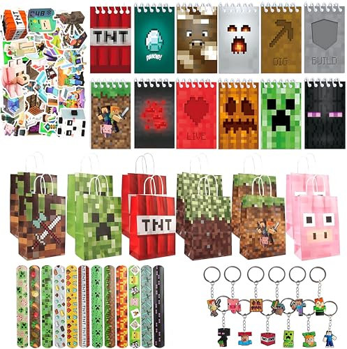 HYZMSZA Videojuegos Artículos de Fiesta Cumpleaños, 98 Pieza Cumpleaños de Regalo, Favores de Fiesta de Videojuegos, Cuadernos Llaveros Pegatinas Pulseras Bolsa Regalo, Fiesta Cumpleaños Niños