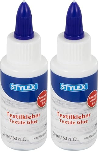 Stylex 23347 - Textil-Kleber, 53 g Flasche, geruchloser Klebstoff für Stoffe und Textilien, ohne Lösungsmittel, transparent trocknend und waschbar bis 40°C (Packung mit 2)