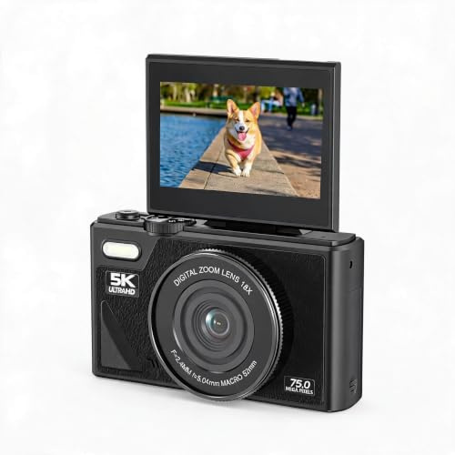 Cámara digital 5K, cámara de vlogging de 75 MP, con zoom de 18X, pantalla abatible de 3 pulgadas, cámara compacta HD, para fotografía de viajes (negro)
