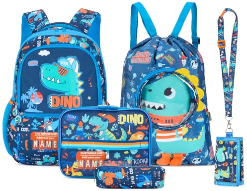 Tanou skolryggsäck pojkar 1:3. Klass, 5-delad ryggsäck grundskola lätt, tecknad design mode väskor barn skolväskor set för pojkar, 18 liter, Mörkblå – grön, Skolväskeset