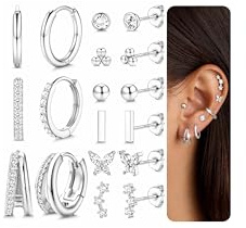 Chriscoco 9Pairs Sterling Silver Stud Earrings For Women Hypoallergenic Hoop Earrings Stack Small CZ Ball Butterfly Earring Sets Cartilage Earring For Multiple Piercings Silver Studs