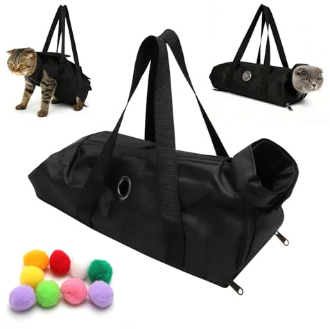 Borsa per la cura dei gatti colore nero anti-graffio con fori per il taglio di artigli pulizia dell'orecchio taglio delle unghie Inclusi giocattoli ideale per gatti piccoli uso domestico o veterinario