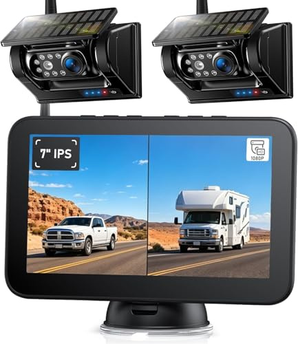 2 Rückfahrkamera Kabellos Solar Magnetische Rückfahrkamera Funk: 7 1080P HD Monitor, 9600mAh Akku, 1 Min Installation, IP69K Wasserdicht, für Anhänger, Wohnmobile und LKWs