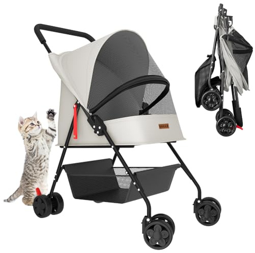 BAKAJI Passeggino per Animali Domestici Carico Massimo 15kg, Carrozzina per Cani e Gatti Pieghevole e Salvaspazio con Cestello Portaoggetti e Ruote Bloccabili, Cappottina Protettiva Anti UV (Grigio)