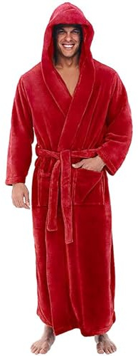 Mens Hooded Dressing Gown - Long Hooded Bathrobe Men Super Soft Long Fleece Bathrobe Dressing Gowns for Men Flannel Fluffy Pajamas Sleepwear Shawl Long Sleeved Robe Coat Red