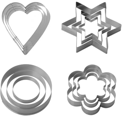 Hopzab 12 PCS Stainless Steel Biscuit Moulds Set Creative Cookie Cutters Mini Baking Mould Tool for Birthday Party Christmas Valentine's Day (Round Heart Star Flower Shape)