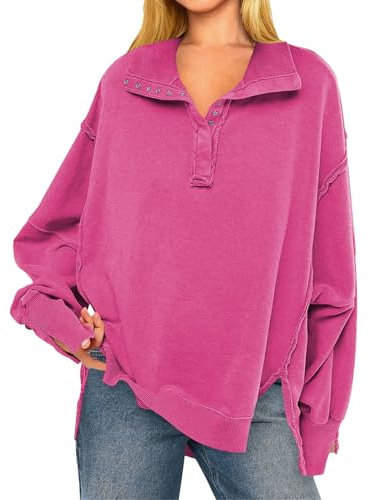 Dam knapptröja långärmad tunika pullover höst trendig ledig lös passform topp, Rosenröd, L