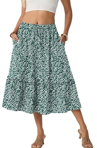 PrinStory Women's Summer Midi Skirts Ladies Boho Flowy Casual Elastic High Waist Skirts with Pockets (Green White Flower, XL)