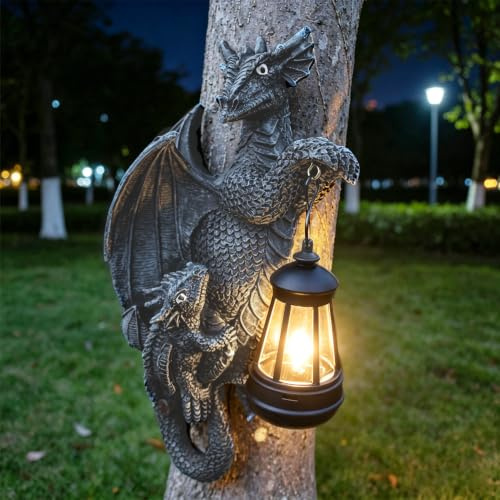 Fhlprte Drachen Figuren mit Solarlampen,Solar-Gartendekoration,Gartenstatuen aus Kunstharz mit Solarlaterne,perfekte Gartengeschenkidee,wasserdichte hängende Tierfigur mit Haken für Hof
