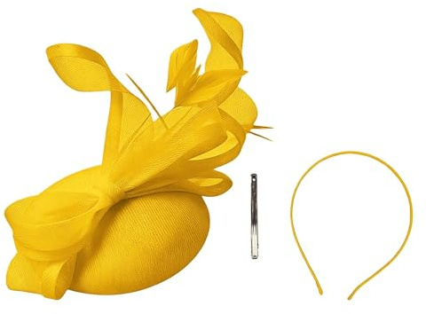 Fascinators Damen Federstirnband Hutclip Fascinators für Hochzeiten, Cocktailpartys, Teepartys, Kopfschmuck Hut für Damen, Mesh Feder Kopfschmuck Cocktail Tea Party Kopfbedeckung (Yellow, One Size)