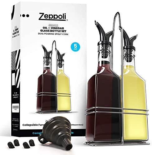 Zeppoli Oil and Vinegar Bottle Set with Stainless Steel Rack and Removable Cork – Dual Spout Dispenser, Olive Oil and Vinegar Bottles (5 oz)