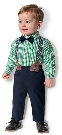 Yilaku Småbarn baby pojke kläder gentleman bröllopskläder, formell klänning skjorta med fluga + hängslen 3 månader-4 år, gRÖN, 6-9 månader