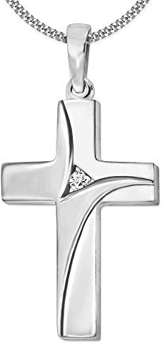 CLEVER SCHMUCK Kreuzkette jugendlicher Anhänger Kreuz 23 mm mit einem Spann Zirkonia matt und glänzend, geschwungene Form & Kette Panzer 42 cm STERLING SILBER 925 im Schmucketui