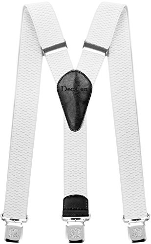 Decalen Mens Braces with Very Strong Metal Clips Wide 4 cm 1.5 inch Heavy Duty Suspenders One Size Fits All Men and Women Adjustable and Elastic Y Style (White)