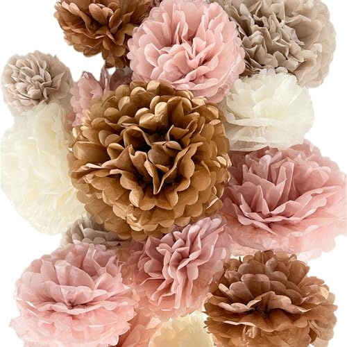 Vidal Crafts 20-Piece Boho Tissue Paper Pom Poms - Hanging Tissue Paper Flowers for Bridal Shower Decorations, Baby Shower Decorations for Girl, Wedding, Birthday Party - Assorted Sizes 6 to 14
