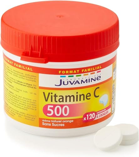 JUVAMINE - Vitamina C 500 - Integratore alimentare a base di vitamina C con edulcorante - Sistema Immunitario - Ridurre l'affaticamento - Formato maxi - 120 compresse masticabili