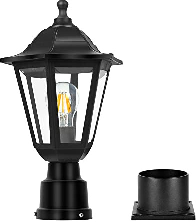 FUDESY Outdoor Post Light, Exterior Lamp Post Light Fixture with Pier Mount Base, Waterproof Pole Lantern Lighting with E26 Socket, Matte Black Plastic Lamp for Garden Patio Pathway(Bulb Included)