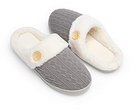 Chantomoo Kvinnor hus tofflor bekväma minnesskum plysch sovrum fuskpäls fodrade stickade varma tofflor slip-on lätta skor, inomhus utomhus halkfri gummisula mysig, Mörkgrå, 42/43 EU