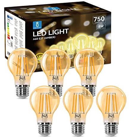 Aigostar - Bombilla LED E27 Edison, 8W Equivalente a 57W, Blanco Cálido 2200K, 750 Lúmenes, Bombilla LED Vintage Decorativa A60 de Filamento, No Regulable, Cristal ámbar, Pack 6