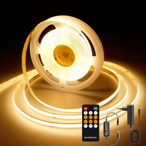 Striscia LED COB 5 metri 24V, Striscia LED Bianco caldo 2700K, 320LEDs/m, Larghezza 8mm, CRI90+, con Alimentatore, Telecomando RF, LED Striscia per Cucina, Soggiorno, Feste, Bar