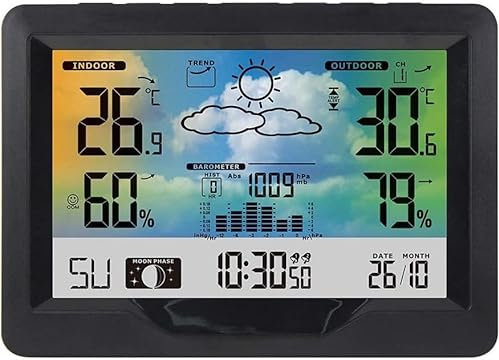 ONOTEC Estaciones meteorológicas con sensor inalámbrico for interior y exterior, reloj despertador, barómetro, temperatura, monitor de humedad, pronóstico del tiempo, retroiluminación de color, sensor