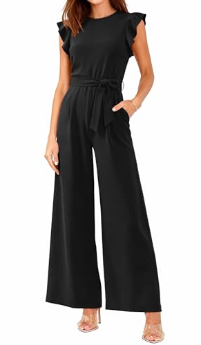 BTFBM Jumpsuits For Women 2026 Crew Neck Dressy Cap Sleeve Belted High Waist Wide Leg Romper One Piece Casual Outfits Pockets(Black, Small)