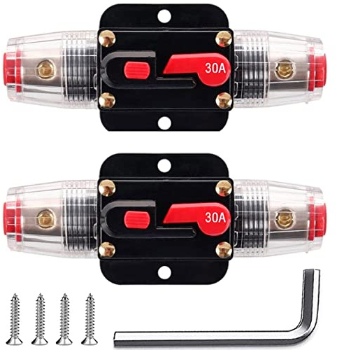Greluma 2 st 30A inline kretsbrytare återställnings säkring, 12V-24V DC återställningssäkringshållare 30A med manuell återställning för bilbåtsljudsystemskydd