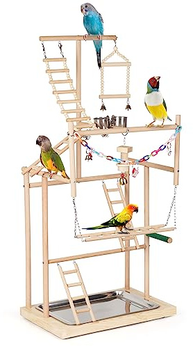 Edudif Parco giochi per uccelli in legno a 4 strati, grande supporto per pappagalli, posatoio per uccelli, palestra, parco giochi per calopsitte, parrocchetti (con note di installazione) (4 strati)