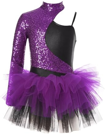 Oyolan Enfant Fille Tutu Danse Ballet Paillette Brillant Justaucorps Gymnastique Robe Danse Classique Tenue Danse Moderne Jazz Costume Spectacle 5-16 Ans Violet 13-14 Ans