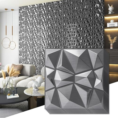 Art3d Dekorativa 3D-väggpaneler i diamantdesign, 30 x 30 cm silver för hem- och kontorsinredning (33-pack)