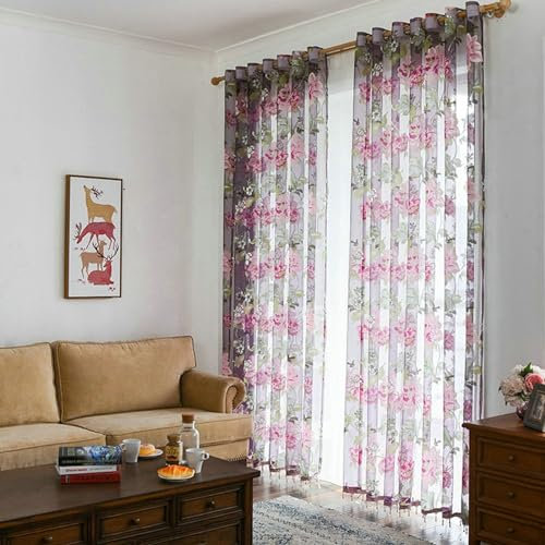 Bishilin Vorhänge 2er Set mit Ösen, Vorhänge Lila Halbtransparent Stickerei mit Pfingstrose Motiv Polyester Gardinen Lichtdurchlässig Wohnzimmer Küche 132x183CM