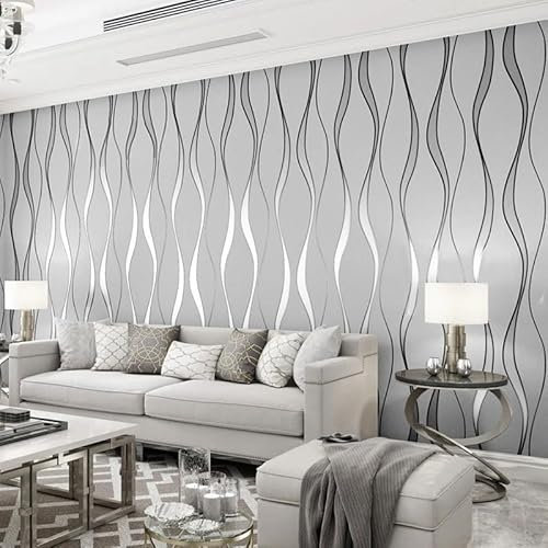 Baketron Grey Wallpaper Silver Glitter Textured 3D Effect Embossed Wallpapers Wave Stripes Wall Paper Roll Modern Feature for Living Room Bedroom Adults Hallway Kitchen Front Room (Beige Grey)